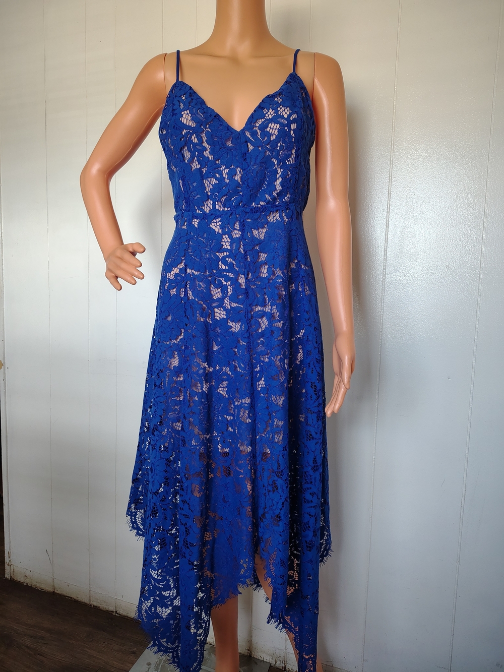 Lulus One Wish Royal Blue Lace Handkerchief Hem Midi Dress Size M